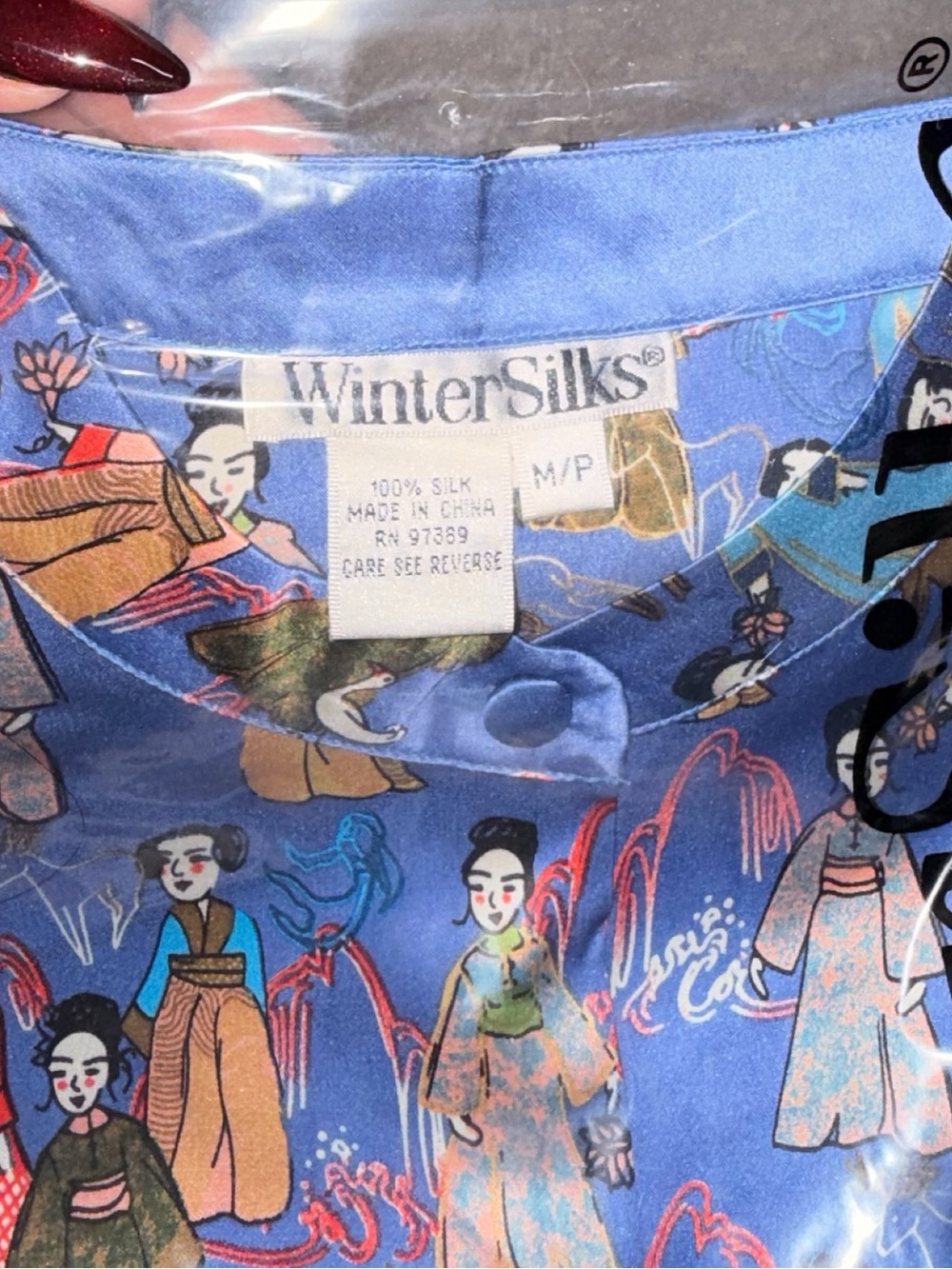 Winter Silks Blue Geisha Print 100% Silk pajama set - Picture 4 of 4
